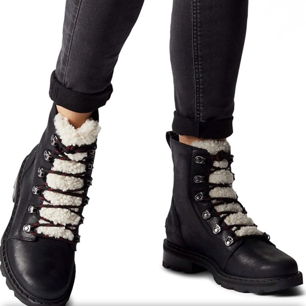 Sorel Women’s Lennox Black Leather and Lambs Wool Waterproof Lace Up Boots